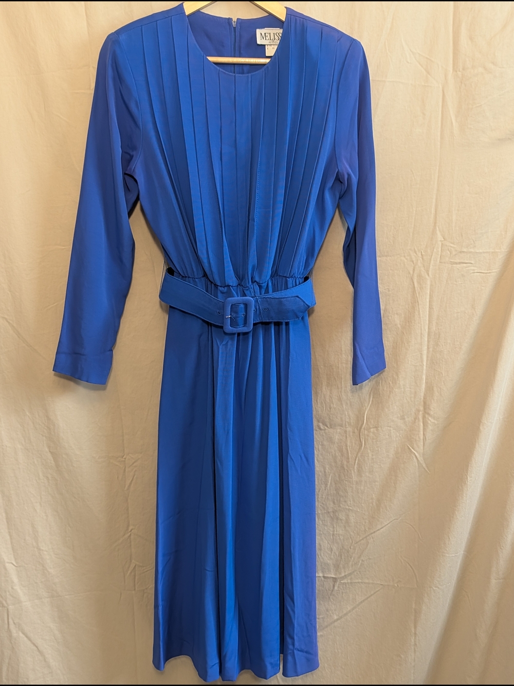 Vintage Melissa Cobalt Blue Pleated Long Sleeve Belted Dress